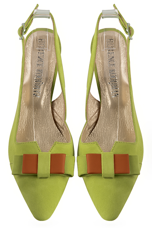 Pistachio green women's open back shoes, with a knot. Tapered toe. High slim heel. Top view - Florence KOOIJMAN